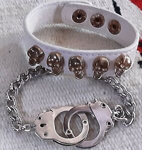 HANDCUFF Bracelet 9" AND White Leather 9" Bracelet with Copper SKULLS Adjustable