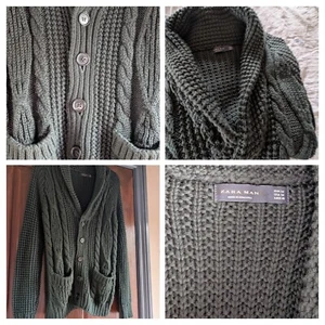 Men's Cardigan Zara Man M Green Chunky Knit  Collar Navajo Grandad Wool Blend - Picture 1 of 21
