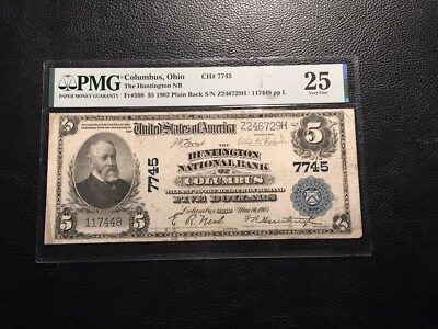 5.00 1902 National bank note Columbus Ohio PMG 25 vf not on the market often - Image 1 of 2