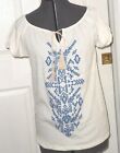 Agenda Knit Peasant Top Size S Stretch Off White Blue Print Embrodered Nwt