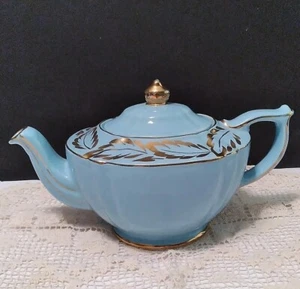Rare Blue SADLER England Porcelain Lamp Shape TEAPOT Heavy Gilt Leaves & Trim - Picture 1 of 12
