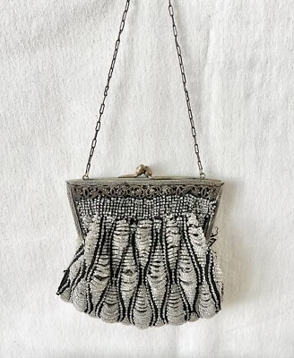 Antique 1920's Art Deco Flapper Beaded Mesh Purse With Brass Flower Inlay Frame - Image 1 of 4