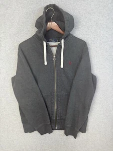 Polo Ralph Lauren Dark Grey Hoodie Full Zip Sweatshirt Burgundy Pony EUC Cotton - Picture 1 of 19