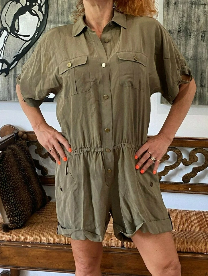 MAMELUCO DE SEDA ALTO HIPPIE CAQUI VERDE EJÉRCITO UTILITARIO CARGA S ❤️ LEÍDO/DEFECTUOSO Foto 1 de 4