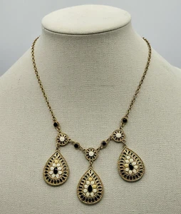 2028 Halskette Träne Emaille dreifach Anhänger goldfarben schwarz weiß 15" - Bild 1 von 6