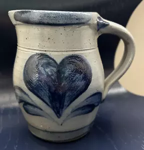 Vintage Rowe Pottery Works Pitcher Salt Glaze Blue Heart Art Pottery 1991 4.5" - Picture 1 of 6
