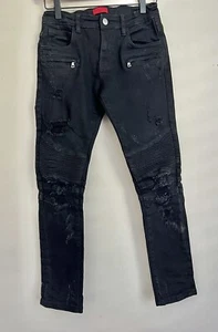 Haus of Jr Boys Stretch biker Jean distressed denim pants black zip pockets 14 - Picture 1 of 7