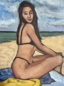 Original Gemälde weibliche Figur Strand Surfer Ozean Frau Mädchen signiert 9x12 - Bild 1 von 1
