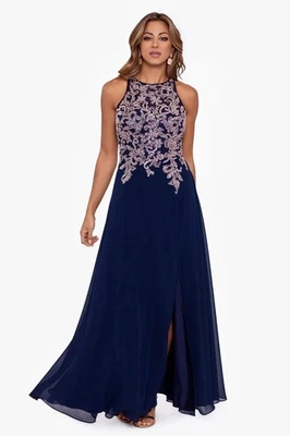 Betsy & Adam Petite Embroidered Gown - Navy/Rose - 14P - Image 1 of 3