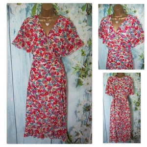 LADIES YUMI DRESS SIZE 16, Floral Chiffon Frill Detail Belted Midi Wrap Dress - Picture 1 of 7