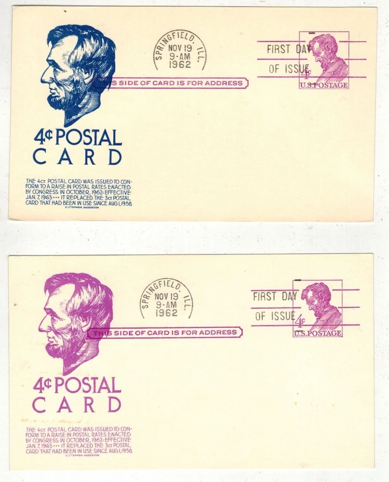 1962 ABRAHAM LINCOLN UX48 POSTAL CARD FDCs SET OF 2 ANDERSON DIFF COLORS - Image 1 of 1