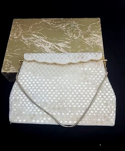 Impresionante cartera vintage pesada con cuentas blancas y doradas hecha a mano para Broadway 9,5" W - Imagen 1 de 8