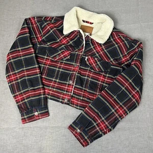 Levis Ex-boyfriend Jacket Trucker Plaid Cropped Sherpa Corduroy Black Red Sz M - Picture 1 of 6