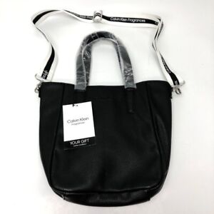 Calvin Klein Handbag Black Leather Fragrance Gift Tote Shopper Beach Bag Tag -CP