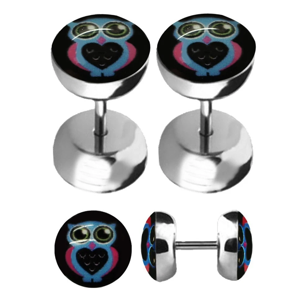 2 Fakeplugs Fakeplug Fake Plug Tunnel Ohrringe Ohrstecker Edelstahl Eule Uhu - Bild 1 von 1