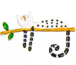 Cat White with Black Legs Resting In Tree Vintage Gold Pin Brooch D-6626 - Bild 1 von 7