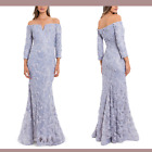 NEW $298 XSCAPE [ 14 ] Off Shoulder Long Sleeve Lace Trumpet Gown in Grey #Q219