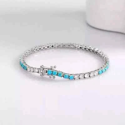 4MM Round Cut Lab-Created Diamond/Turquoise Tennis Bracelet 14K White Gold Over - Image 1 of 4