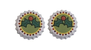 Beer Bottle Caps - Christmas Holly Mistletoe - 1 Pair - Picture 1 of 2