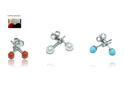 Orecchini Bambina di Corallo in Argento 925 con Perle e turchese pietra - Immagine 1 di 4