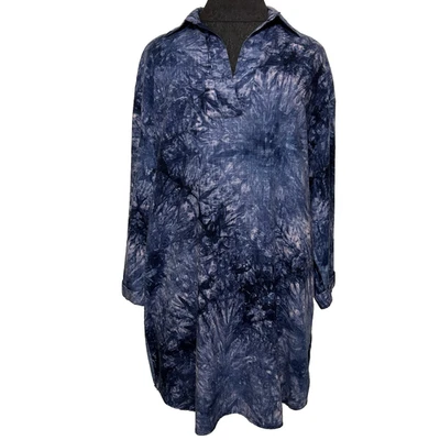 Vestido Umgee EE. UU. Mezcla de Lino Mujer S Azul Tie Dye Cuello Cuello en V Manga 3/4 * Foto 1 de 4