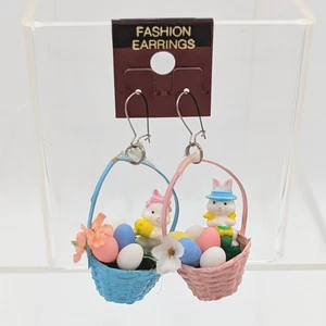 Handmade Spring Easter Basket Dangle Earrings Girl and Boy Bunny w Eggs - Picture 1 of 3