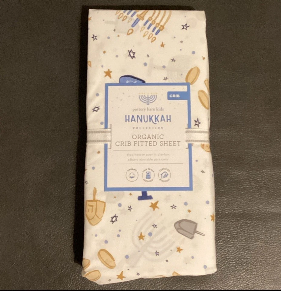 Folha de berço de Hanukkah Pottery Barn Kids nova com etiquetas em azul e dourado - Imagem 1 de 4