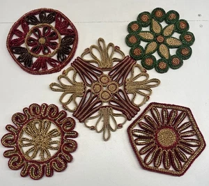 Vintage Korb Stroh Untersetzer geflochten Rattan Raffia Blume Boho 5er Set - Bild 1 von 6