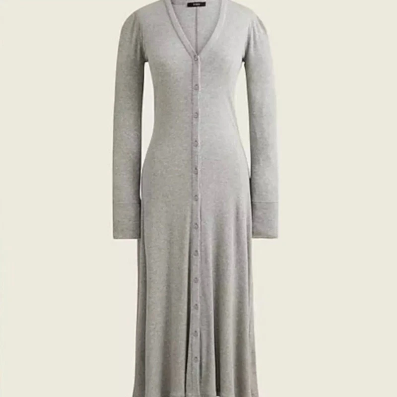 J. Crew gray ribbed button front midi dress womens Sz large new  Long sleeve  - Image 1 of 4