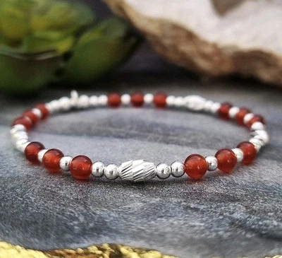 Sterling Silver CARNELIAN bead 925 Stacker Stretch Boho Bracelet by INKA - Image 1 of 4