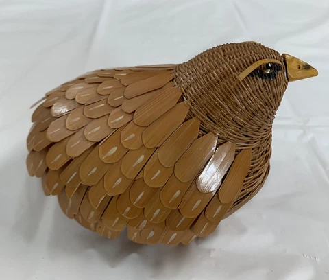 Vintage Chinese Wicker Wood Bird Shaped Basket Trinket Box With Feathers Lid Cover