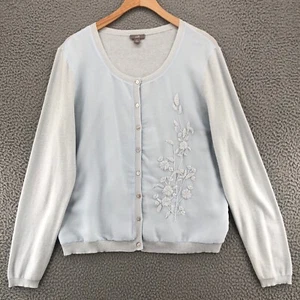 J Jill Sweater Womens Medium Blue Silk Embroidered Button Cardigan Knit Stretch - Picture 1 of 10