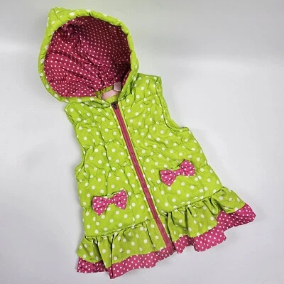 Girls Size 6 Polka Dot Puffer Vest Jacket Green & Pink Hooded Ruffled W/Bows - Image 1 of 4