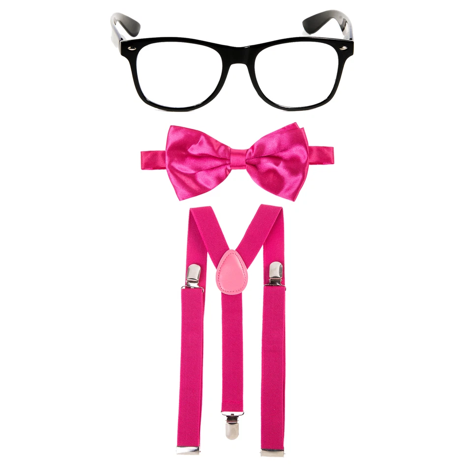 Geek Nerd Bowtie Fancy Dress Costume w/ Glasses + Bow Tie + Braces - Hot Pink - Image 1 of 1