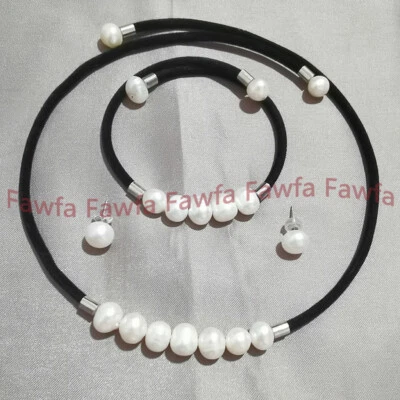 Juego de pendientes pulsera collar terciopelo negro perlas barrocas blancas naturales de 9-10 mm Foto 1 de 4