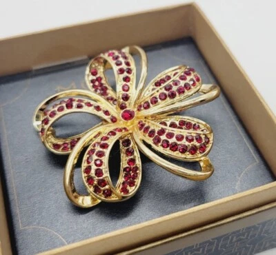 Monet Ribbon Wreath Brooch Pin Pave Rhinestones Red & Gold tone 2.25 in - Image 1 of 4