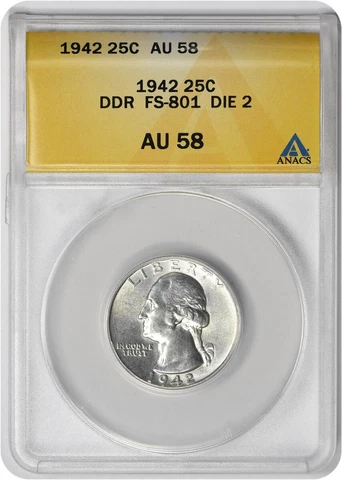 1942 Washington Quarter DDR FS-801 AU58 ANACS Cover