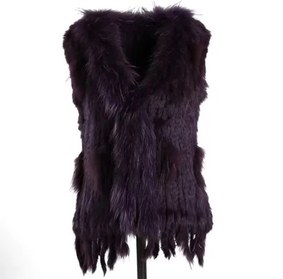 女士 100% 真兔毛皮针织背心浣熊毛皮装饰领马甲 — 第 1/4 张图片