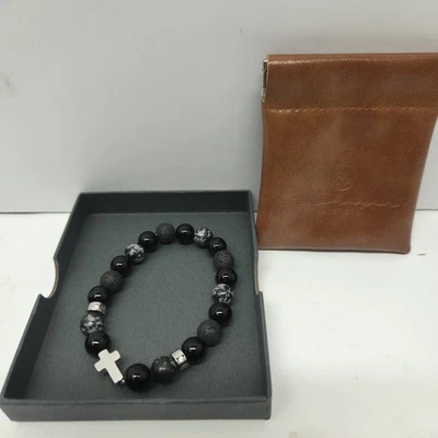 mshuyun Hombre Pulsera Cruz Copo de Nieve Obsidiana y Ágata Negra Foto 1 de 4