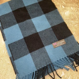 Cashmere Scarf Made In Scotland Blue And Black Buffalo Plaid Fringe 63” X 12” - Picture 1 of 5