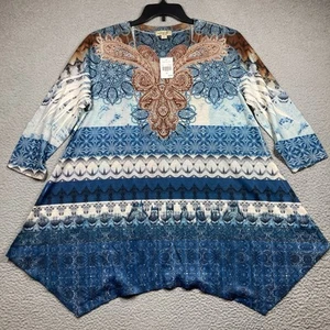 One World Top Women's XL Blue 1/2 Sleeve Boho Hippie Exotic Ethnic New - Picture 1 of 15