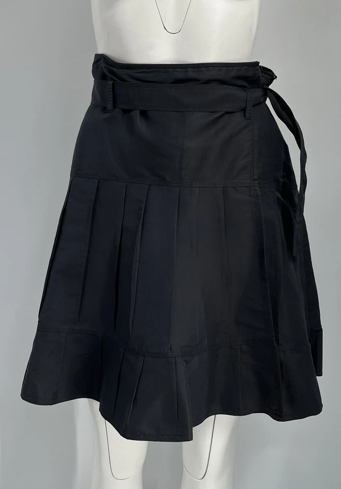 Mini-saia Jil Sander plissada linha A de algodão/seda com cinto azul marinho tamanho 38 - Imagem 1 de 4