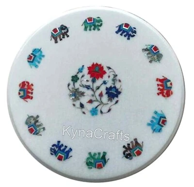 Table basse ronde en marbre motif éléphant incrustation pour jardin - Photo 1/4