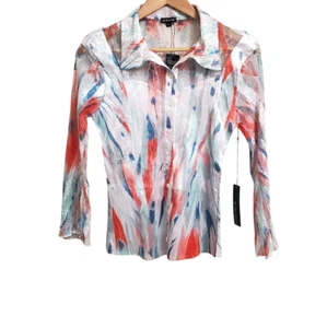 KOMAROV Womens Button Up Crinkle Lace Accent Shirt Large Long Sleeve Collar USA - Picture 1 of 15