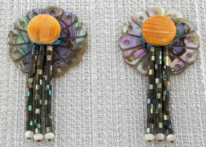 Carved Abalone Disc Earrings With Abalone Heishi Dangles - Picture 1 of 4