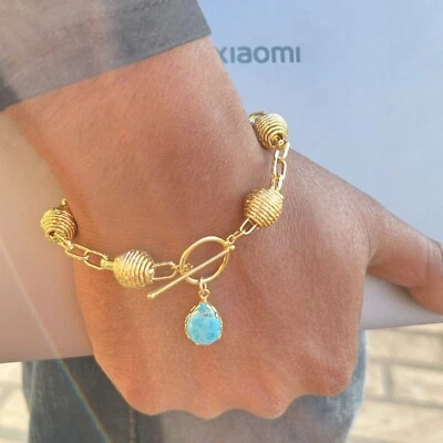 Turquoise Bracelet Designer Ball Link Chain Toggle Clasp Men's Jewelry Bracelet - Image 1 of 4