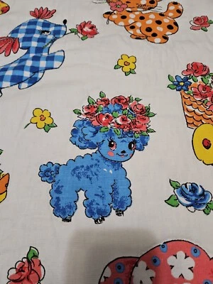 Cobertor acolchoado vintage MCM 1950-1960 bebê rosa azul coelho poodle elefante - Imagem 1 de 4