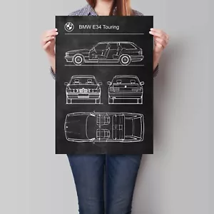 Poster auto da turismo BMW E34 retrò brevetto blu stampa artistica - Foto 1 di 4