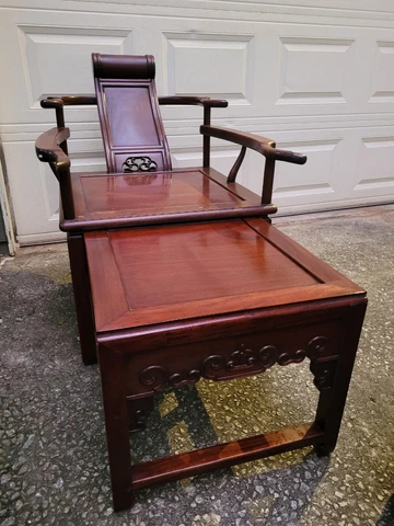 Antique Asian Chinese Horseshoe High Back Wooden Armchair & Ottoman Cover