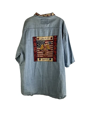 Vintage 90s Womens 2XL Patchwork Patriotic Faded Denim Jean Button Shirt - Image 1 of 4